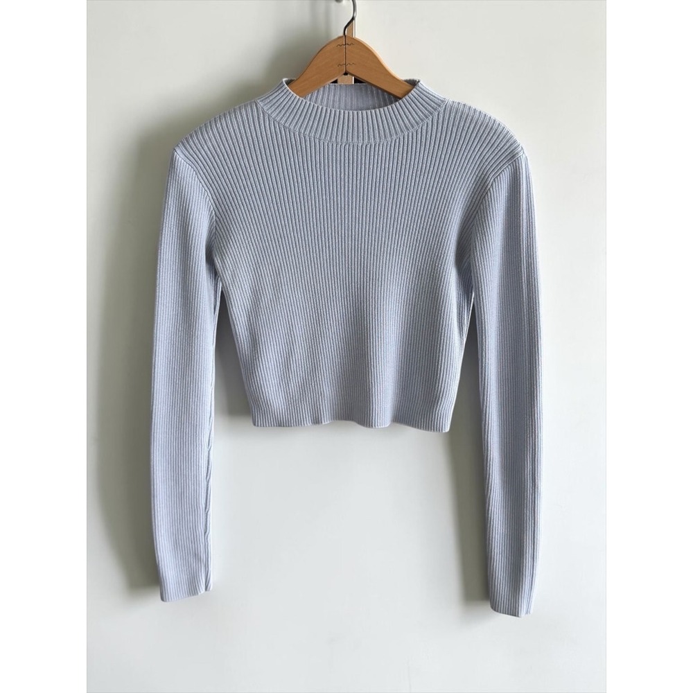 John Galt Light Blue Ribbed Mock Neck Cropped Sweater Long Sleeve One Size
